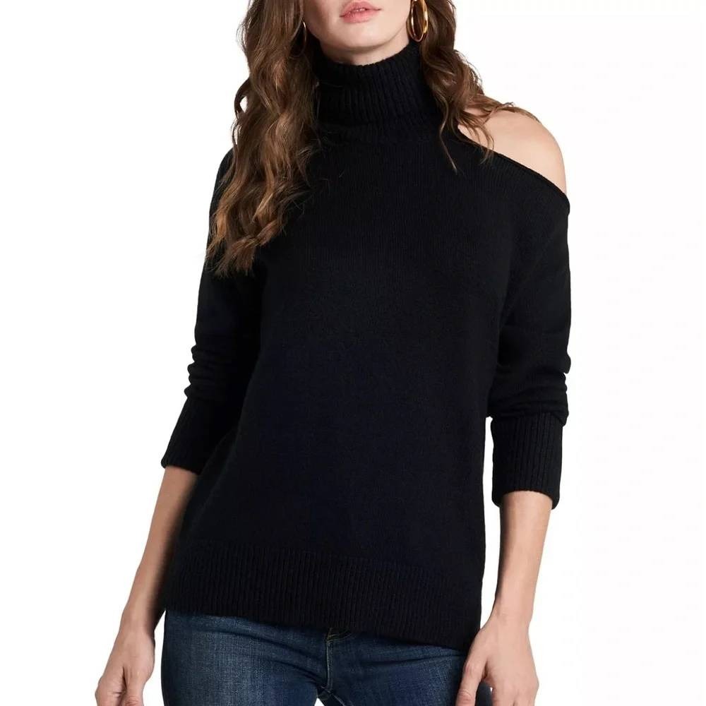 1.STATE Sweater Womens Med Black Cold Shoulder Turtleneck Knit Cut Out Chic Goth